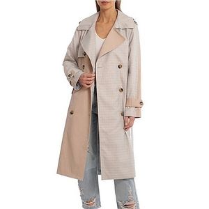 NWT AVEC LES FILLES Women's Mixed Media Plaid Cotton Trench Coat L
